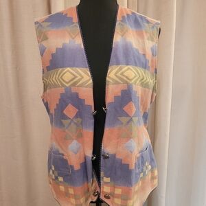 Vintage Geometric Patterned Vest -western BUTTONS. Multicolor, Western, Medium